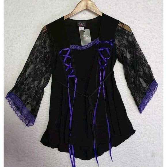 Dare To Wear Purple/Black Lace Up Bell Lace Sleeve Gothic Top Women's Size M NEW - Picture 14 of 15